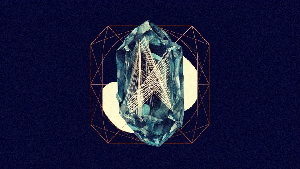 Abstract digital fresco: a teal crystalline mass strung with taut cream tension threads, centered on deep navy within an open copper lattice cage