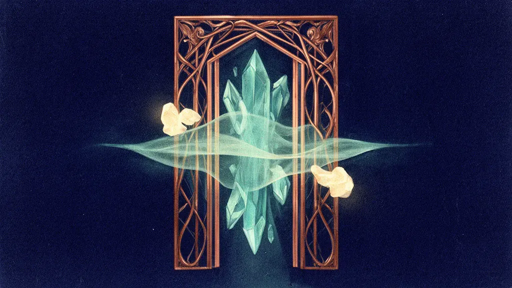 Abstract digital fresco: a copper filigree gateway on deep navy framing a teal crystal, crossed by a translucent teal membrane, with two cream light-forms held outside the threshold