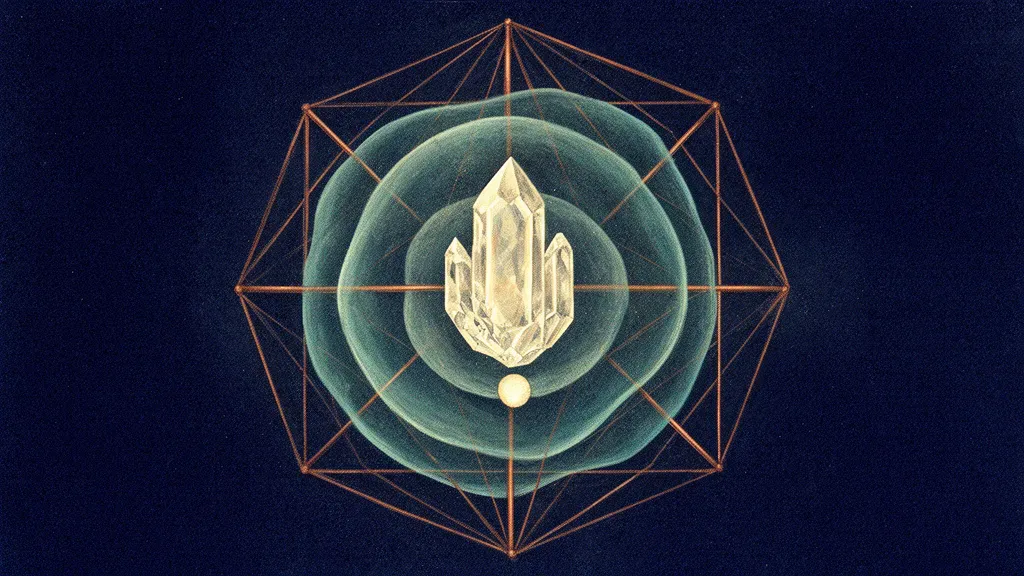 Abstract digital fresco: three nested teal membranes ringing a luminous cream crystal core on deep navy, bound by a fine copper geometric lattice