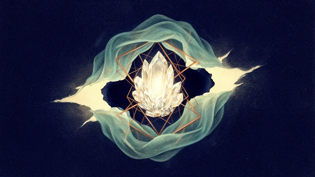 Abstract digital fresco: a luminous crystal core inside a copper lattice, wrapped by a teal membrane torn open on two sides where deep navy voids show and cream light leaks out