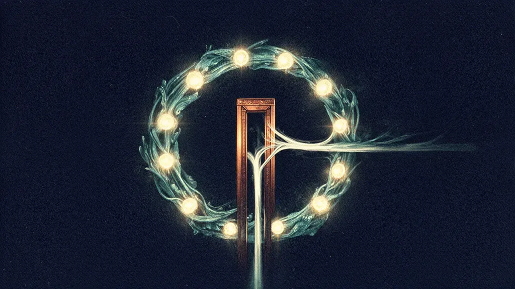 Abstract digital fresco: a teal circulating ring punctuated by evenly spaced cream light pulses, passing through a slender copper archway on deep navy, one strand branching free of the loop