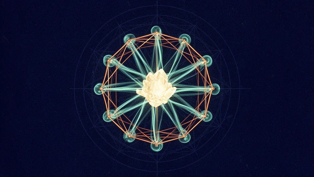Abstract digital fresco: a cream crystalline core held centered inside a copper geometric lattice while teal light strands radiate outward through small membrane rings on deep navy