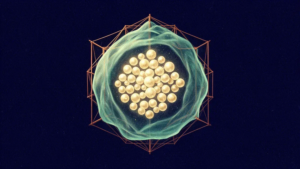 Abstract digital fresco: a translucent teal membrane fully encloses a cluster of glowing cream spheres on deep navy, braced from outside by a fine copper geometric scaffold