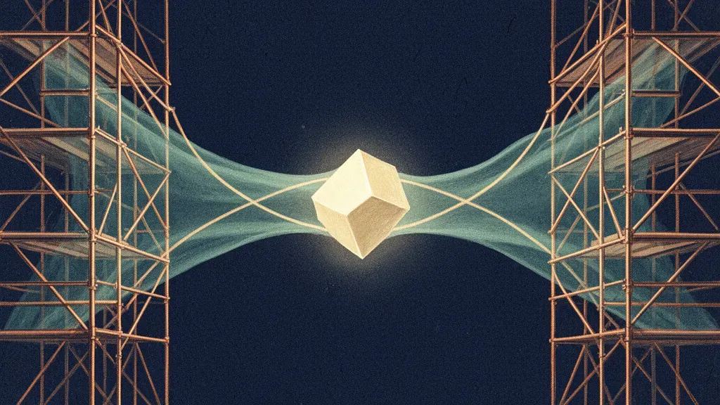 Abstract digital fresco: a glowing cream faceted cube suspended mid-crossing on a teal membrane bridge spanning two intact copper scaffolding lattices, on deep navy