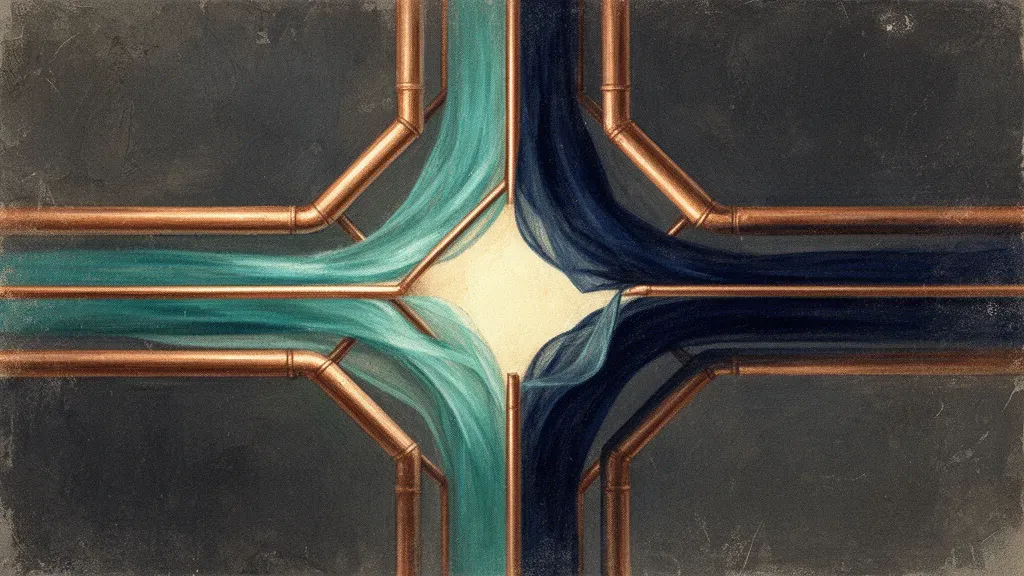Abstract digital fresco: copper conduits crossing on charcoal, teal light flowing freely through the open left channels while the right channels are sealed shut by a dark navy membrane