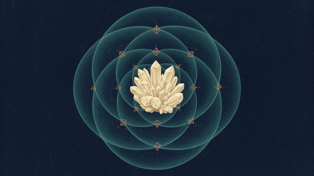 Abstract digital fresco: overlapping translucent teal membranes of many sizes nested around one small cream crystalline cluster on deep navy, copper anchor nodes at each intersection
