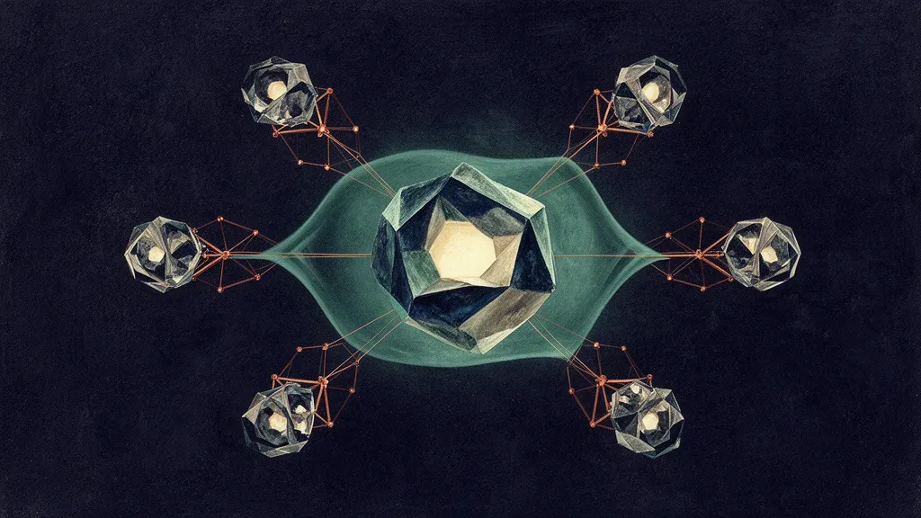 Abstract digital fresco: a faceted navy crystal with cream inner glow inside a teal membrane, six identical smaller crystals struck outward, joined by thin copper armature.