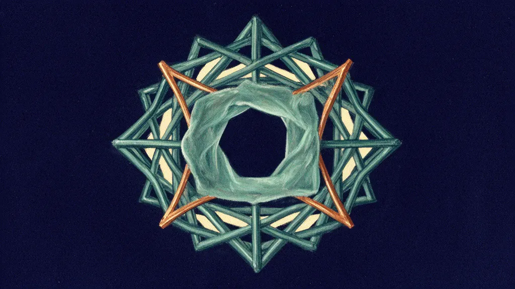 Abstract digital fresco: a teal geometric lattice edged with thin copper struts on deep navy, its center hollowed to a clean empty socket sealed by a translucent teal membrane