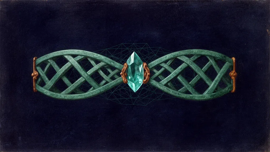 Abstract digital fresco: two interwoven teal lattice bands on deep navy meet at a luminous teal crystal keystone, their outer ends capped by small copper fittings.