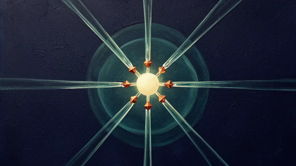 Abstract digital fresco: a glowing cream core on deep navy ringed by eight faceted copper markers, transparent teal strands radiating outward to the frame edges over plaster texture