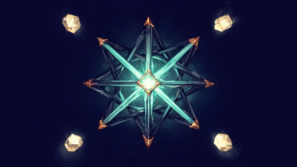Abstract digital fresco: a deep navy crystalline lattice radiating teal light outward from a copper-tipped core, with four unconnected cream nodes glowing apart in the surrounding field