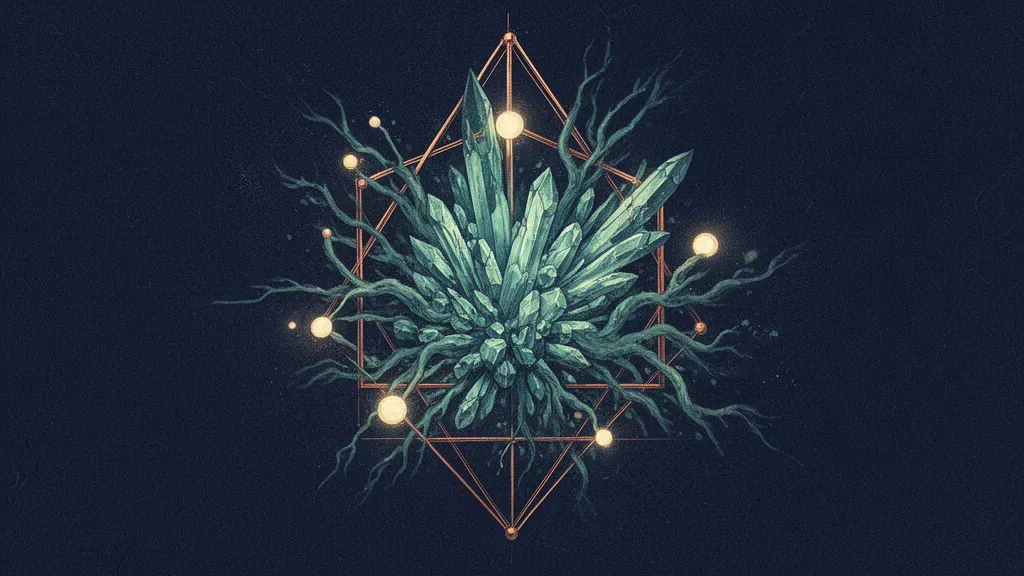 Abstract digital fresco: teal crystalline burst with branching tendrils blooming from the center, bounded by a copper geometric lattice with cream light points, on grained deep navy