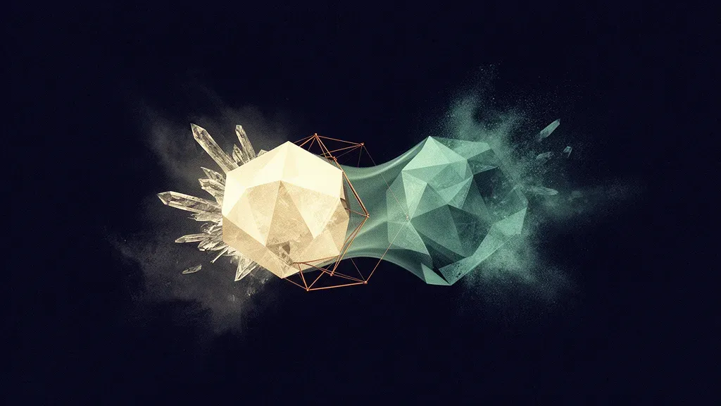 Abstract digital fresco: a cream faceted crystal caged in a thin copper lattice beside its hazy teal duplicate on deep navy, joined by a curved teal membrane amid drifting particulate.