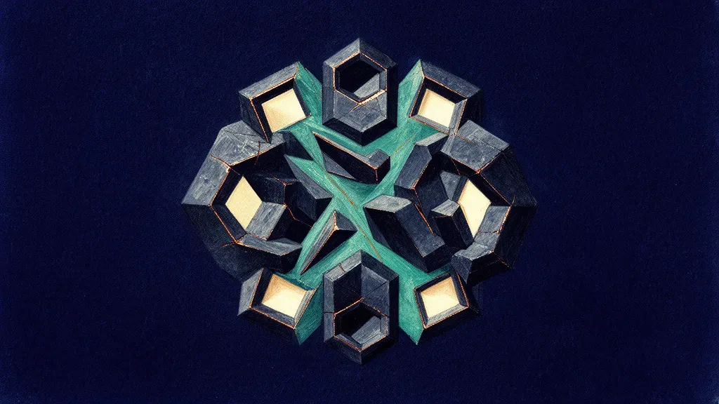Abstract digital fresco: interlocking faceted navy stone modules around a teal membrane core, most recesses cream-lit, a few still dark, thin copper glints at completed joins