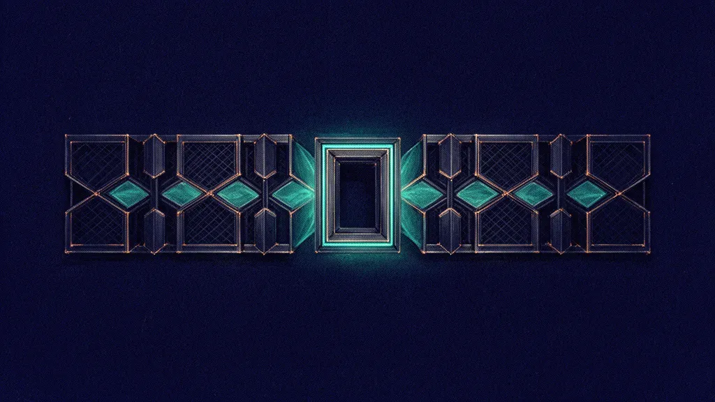 Abstract digital fresco: a symmetric horizontal run of interlocking navy lattice blocks on deep navy, split at center by a recessed teal-rimmed keystone gate, thin copper glints at the joins