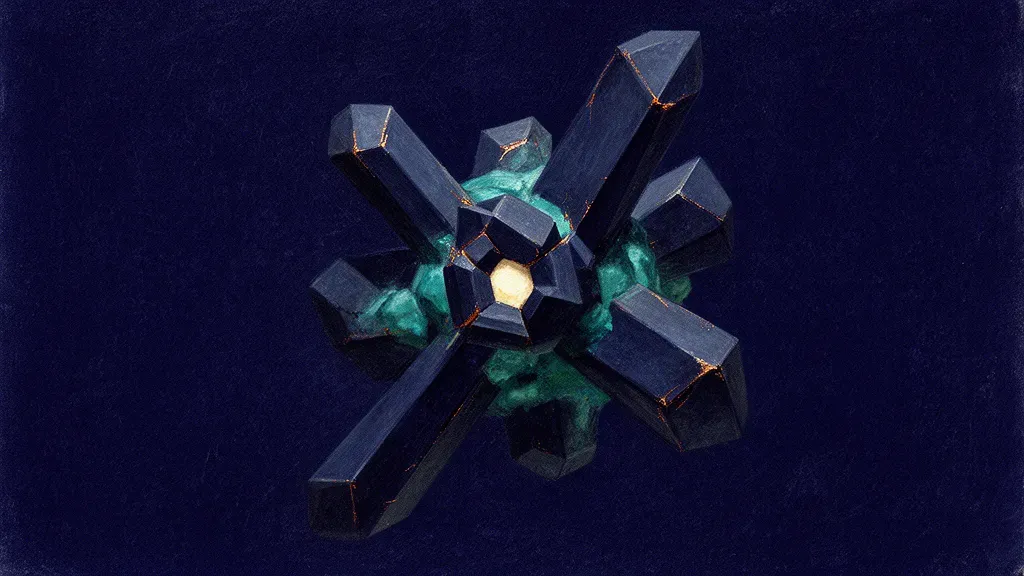 Abstract digital fresco: a navy crystalline module lit by a small cream core, carried by thick uneven faceted members fused into one solid, teal glaze pooling at the joints