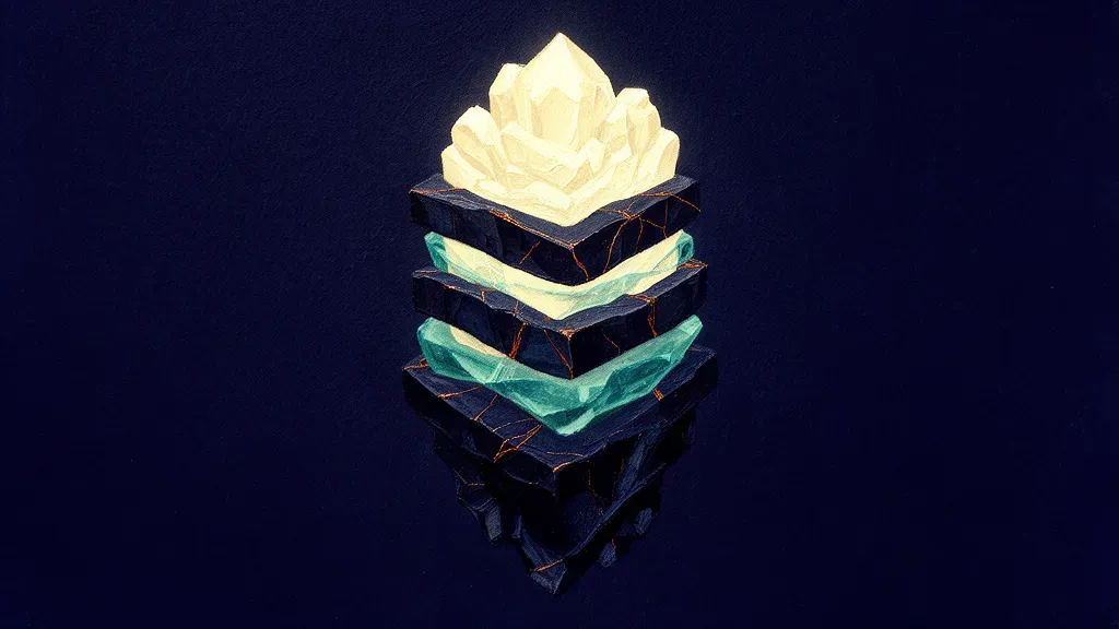 Abstract digital fresco: stacked navy crystalline strata on deep navy, upper layers flooded with cream light, teal membranes between them, thin copper seams, lowest stratum left dark.