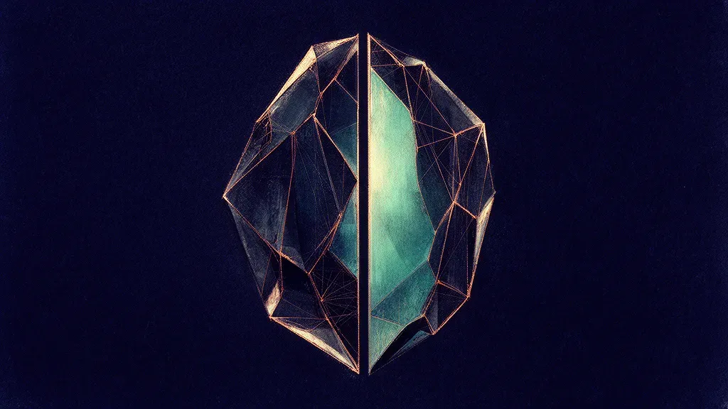 Abstract digital fresco: a large symmetric faceted navy crystal centered on deep navy, split by one straight vertical plane, its interior face glowing teal, sparse copper ridges