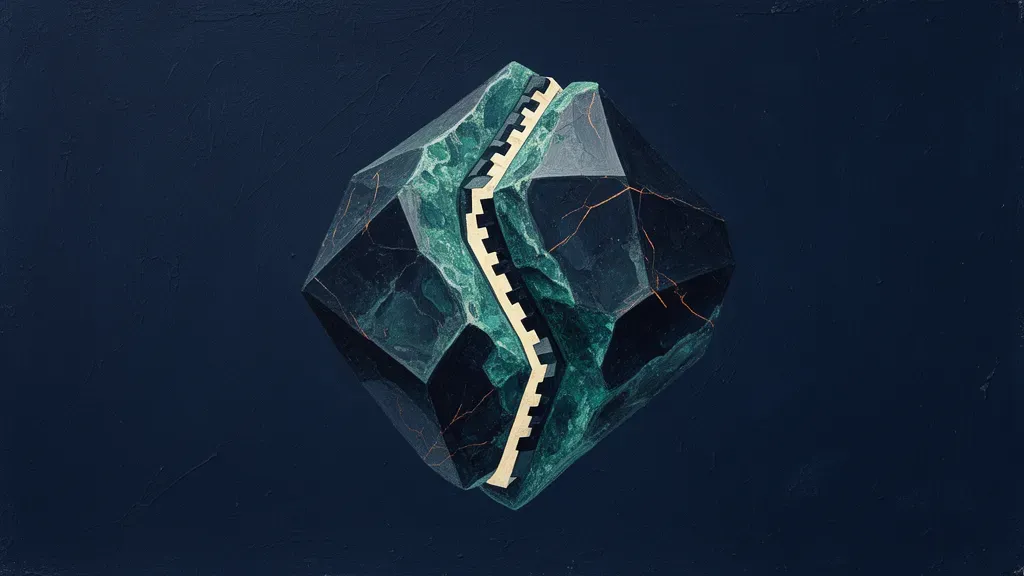 Abstract digital fresco: a navy faceted crystal formed of two equal halves welded along a toothed cream seam, teal mineral glaze in the facets, sparse copper glints, on deep navy