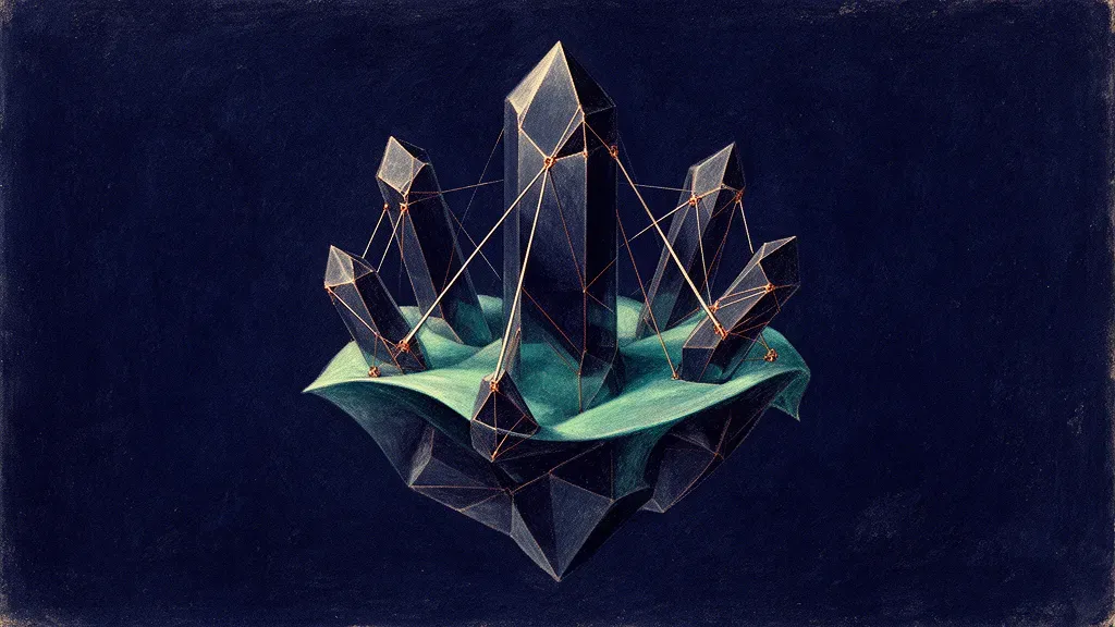 Abstract digital fresco: faceted navy crystals seated in a teal membrane, held by taut straight copper tethers anchored at glinting nodes, on deep navy with wide empty margins