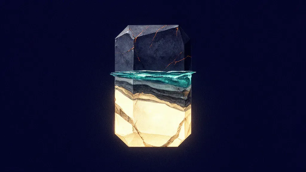 Abstract digital fresco: one faceted crystalline block centered on deep navy, its lower body glowing cream, its top severed into unlit stone along a teal mineral seam.