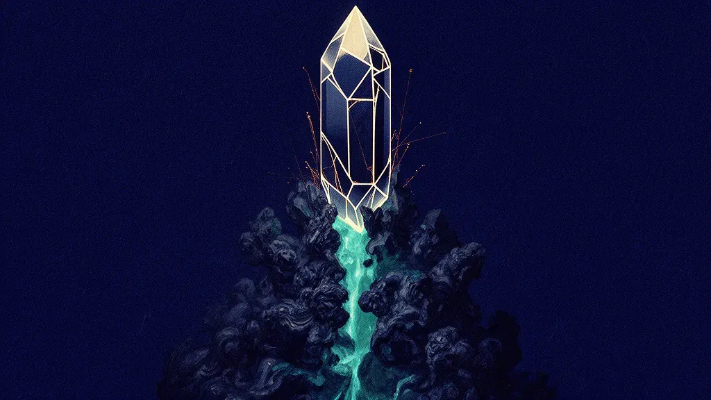 Abstract digital fresco: a smooth cream-lit navy crystal rising intact from a rough dark encrusted mass, a warm teal mineral glaze marking the clean separation plane