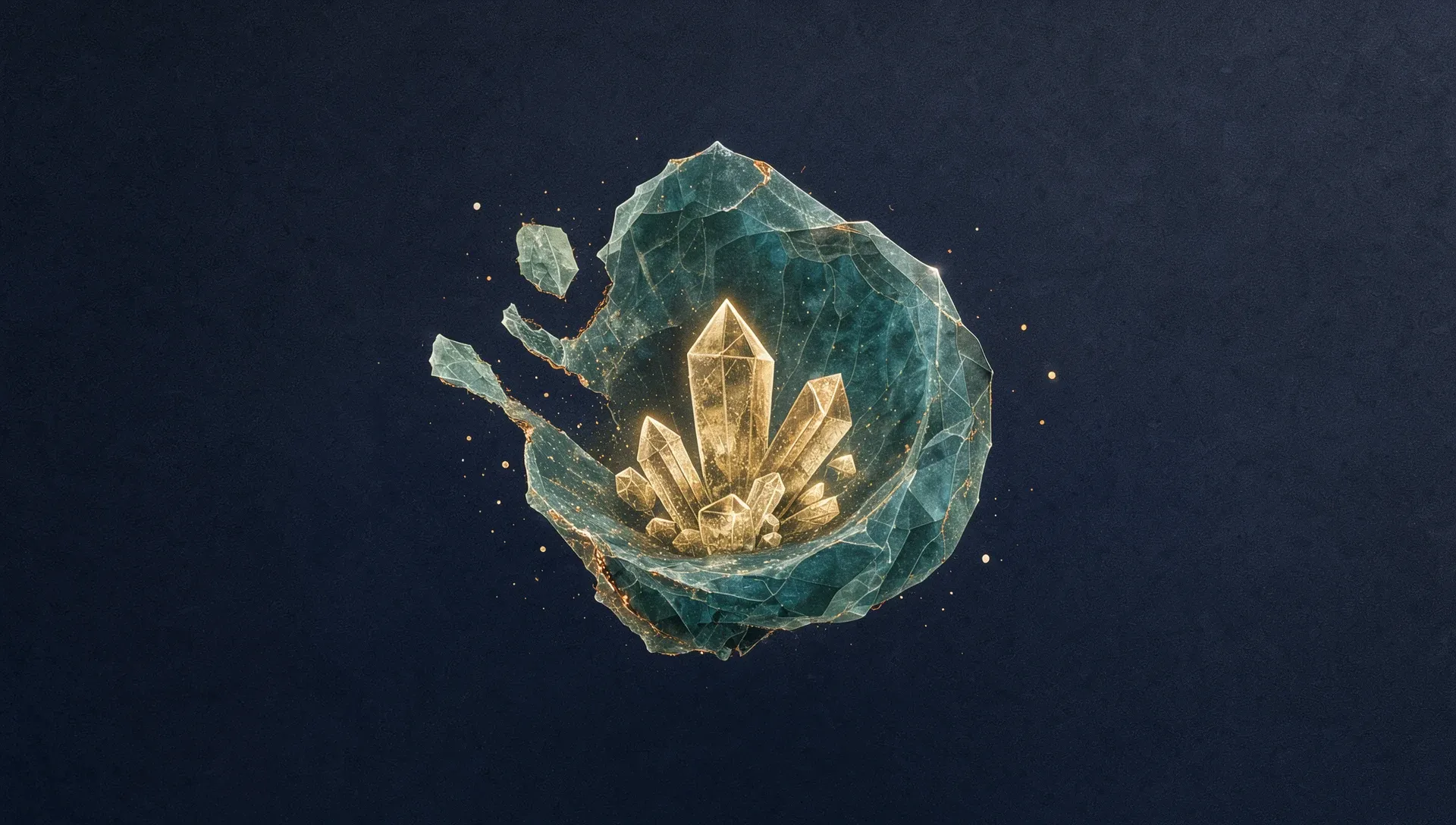 Abstract digital fresco: a translucent teal crystalline shell on deep navy, still open on one side around glowing gold crystals, two loose fragments floating near the gap