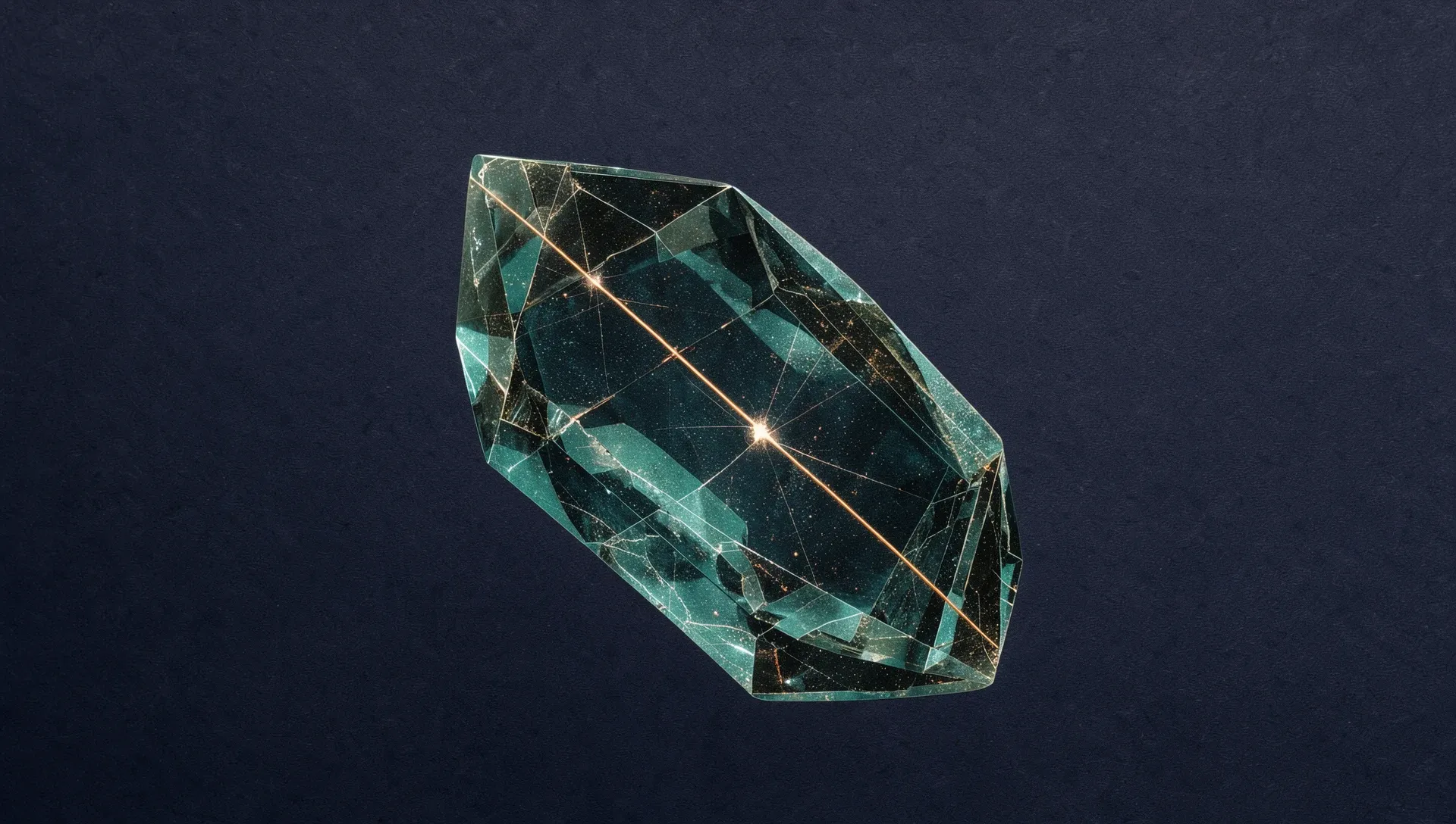 Abstract digital fresco: a faceted teal glass crystal on deep navy, strained by a taut copper tension line through its core, with fine stress fractures spreading from one bright point