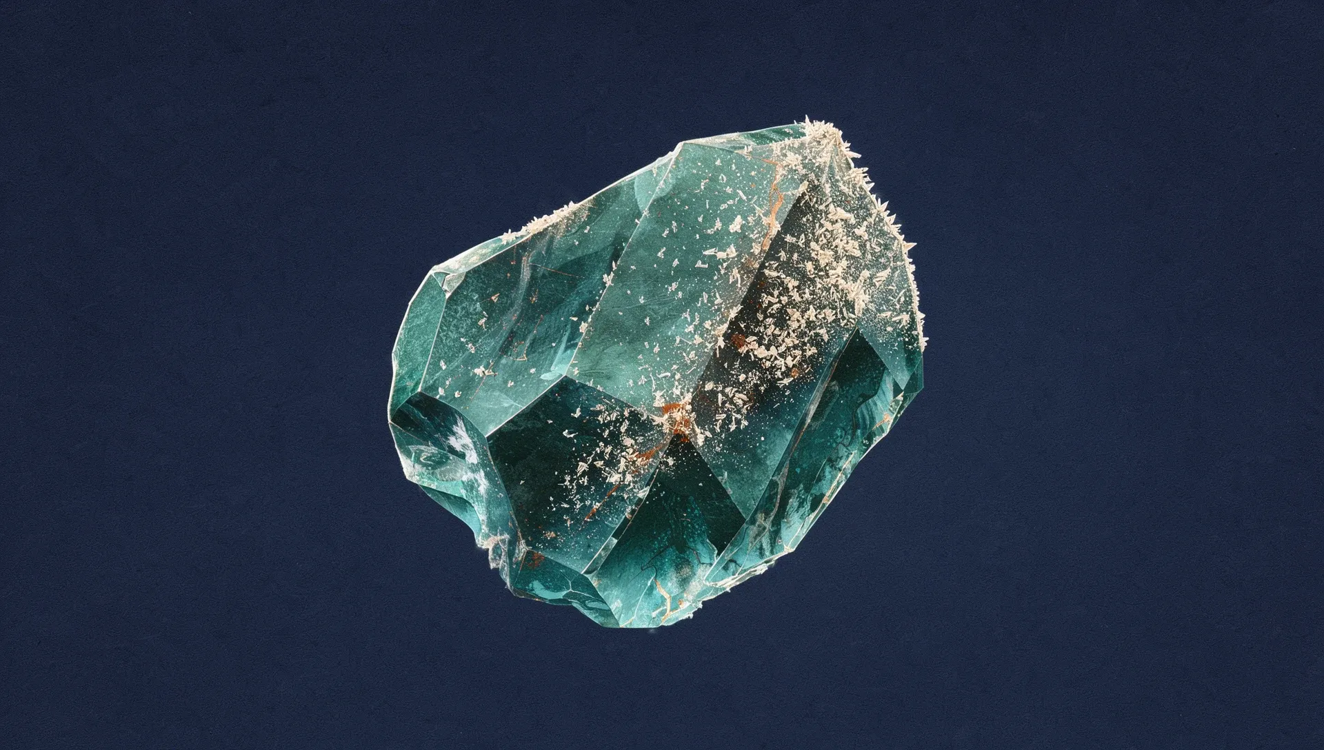 Abstract digital fresco: a chunky translucent teal crystal on deep navy, a fine cream-white frost creeping across its right side while its remaining facets still glow teal