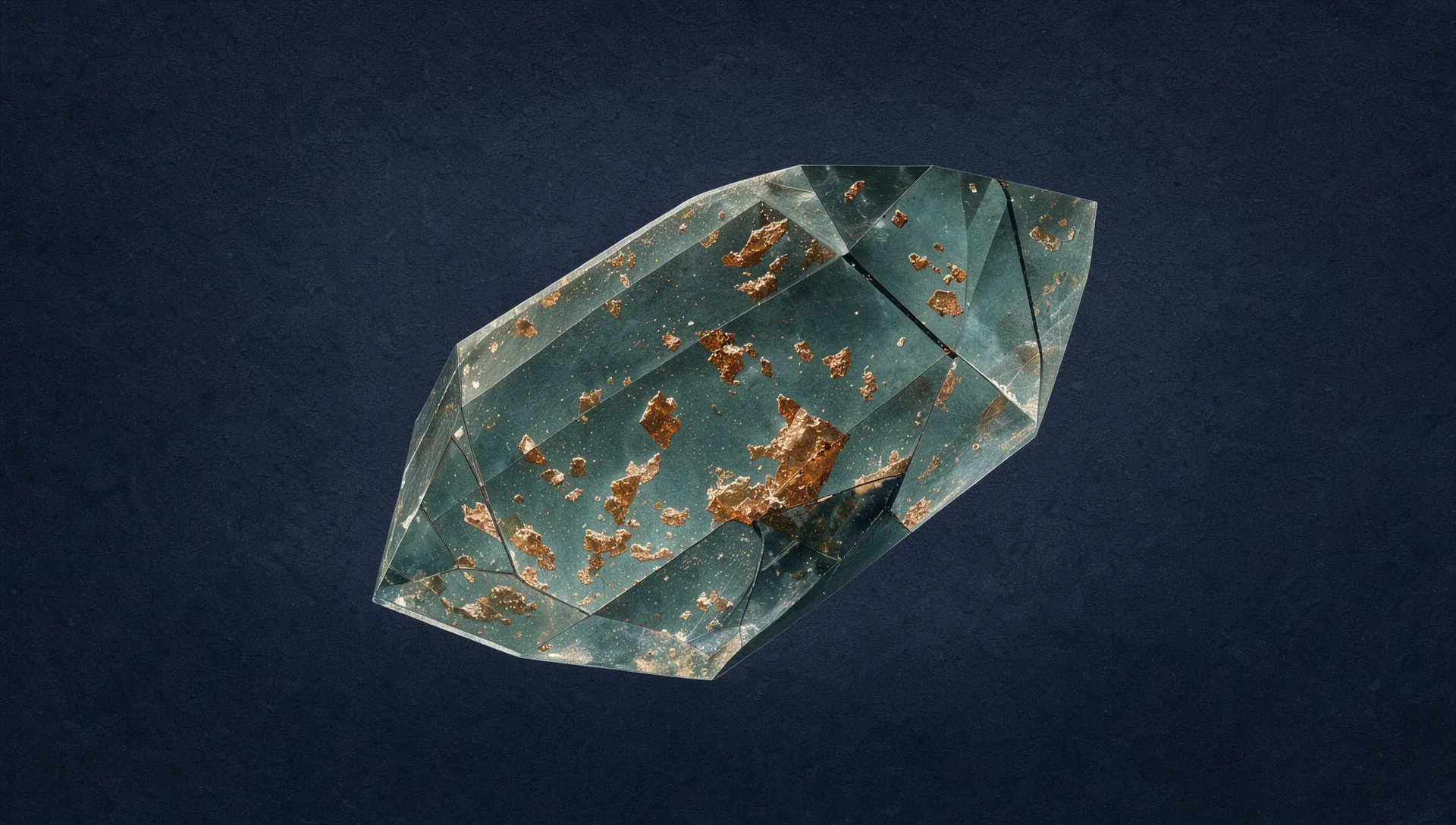 Abstract digital fresco: a translucent teal crystal on deep navy with many small copper flakes plainly visible inside it and a few dark fractures half hidden near its right side