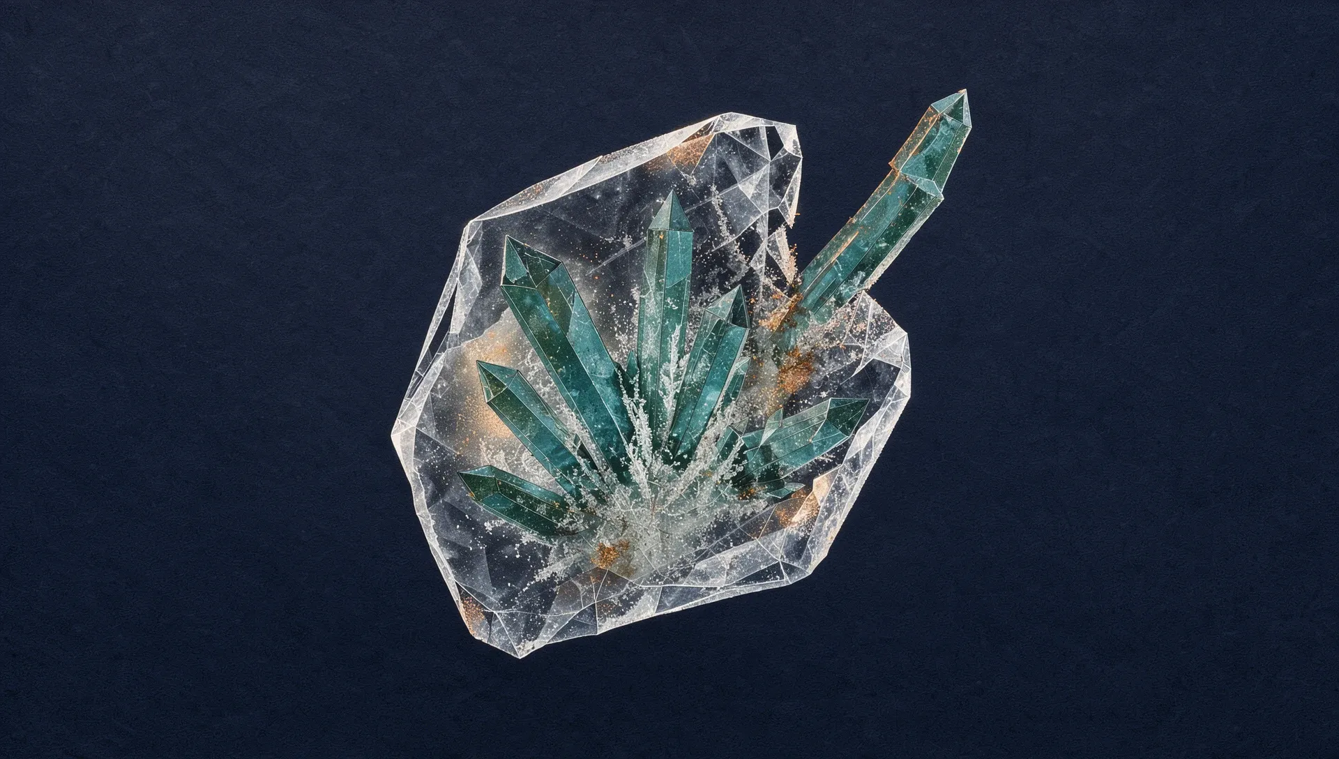 Abstract digital fresco of a fan of teal crystal prisms frozen inside a clear faceted chunk of ice on deep navy, one prism breaking out through its upper right edge