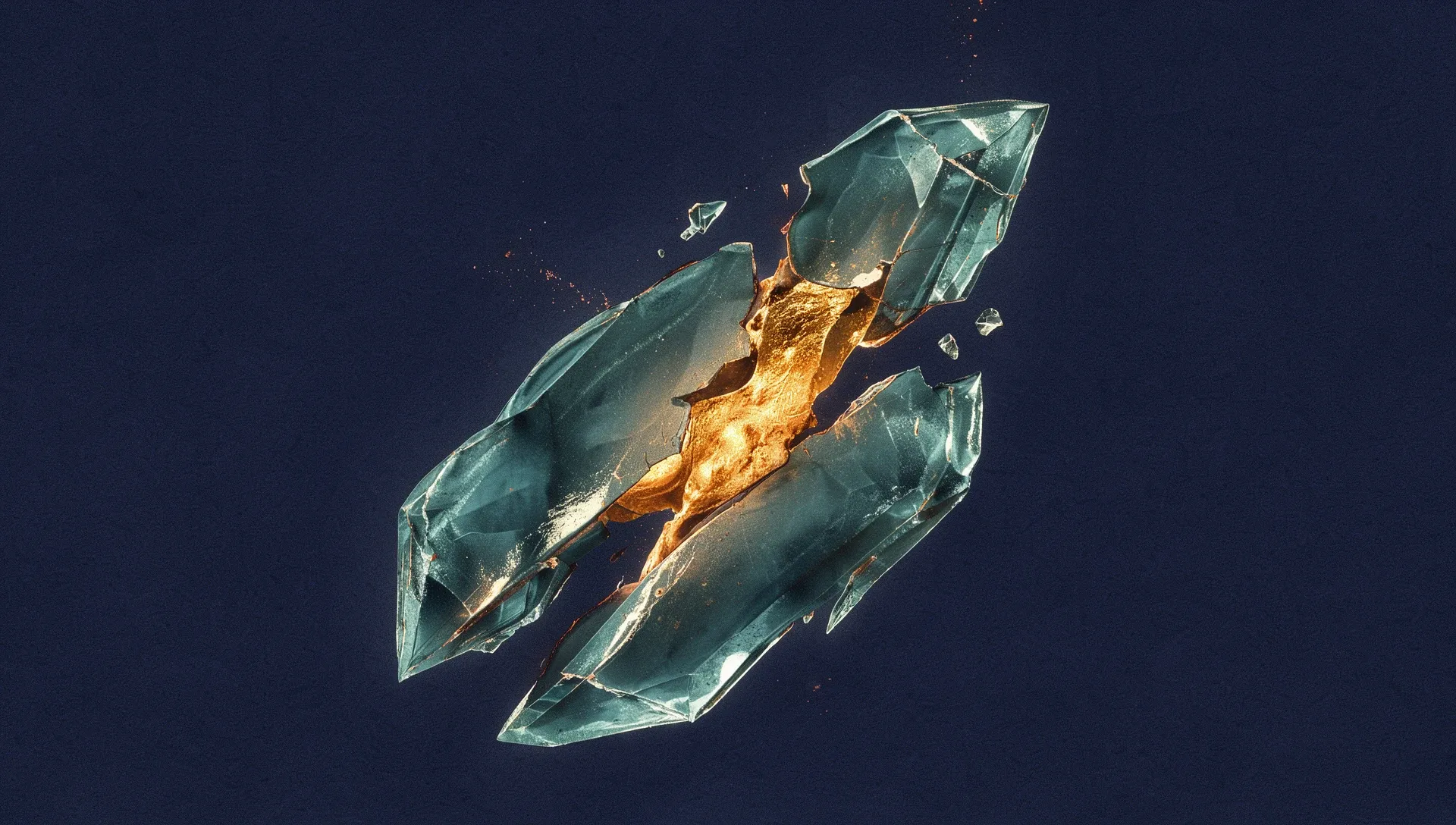 Abstract digital fresco of a glassy teal crystal split along a jagged diagonal fracture on deep navy, a glowing molten gold core exposed between its separated fragments