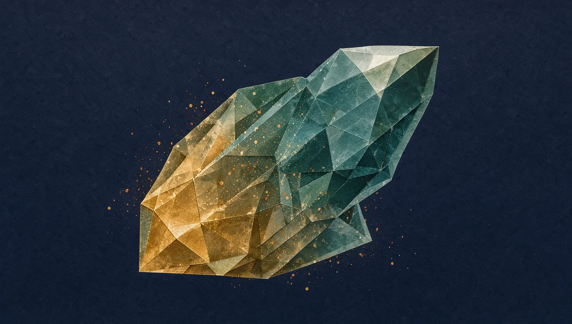 Abstract digital fresco: one faceted crystal mass on deep navy, its facets shifting from warm gold at the lower left to cool teal at the upper right, with gold motes drifting off the shift
