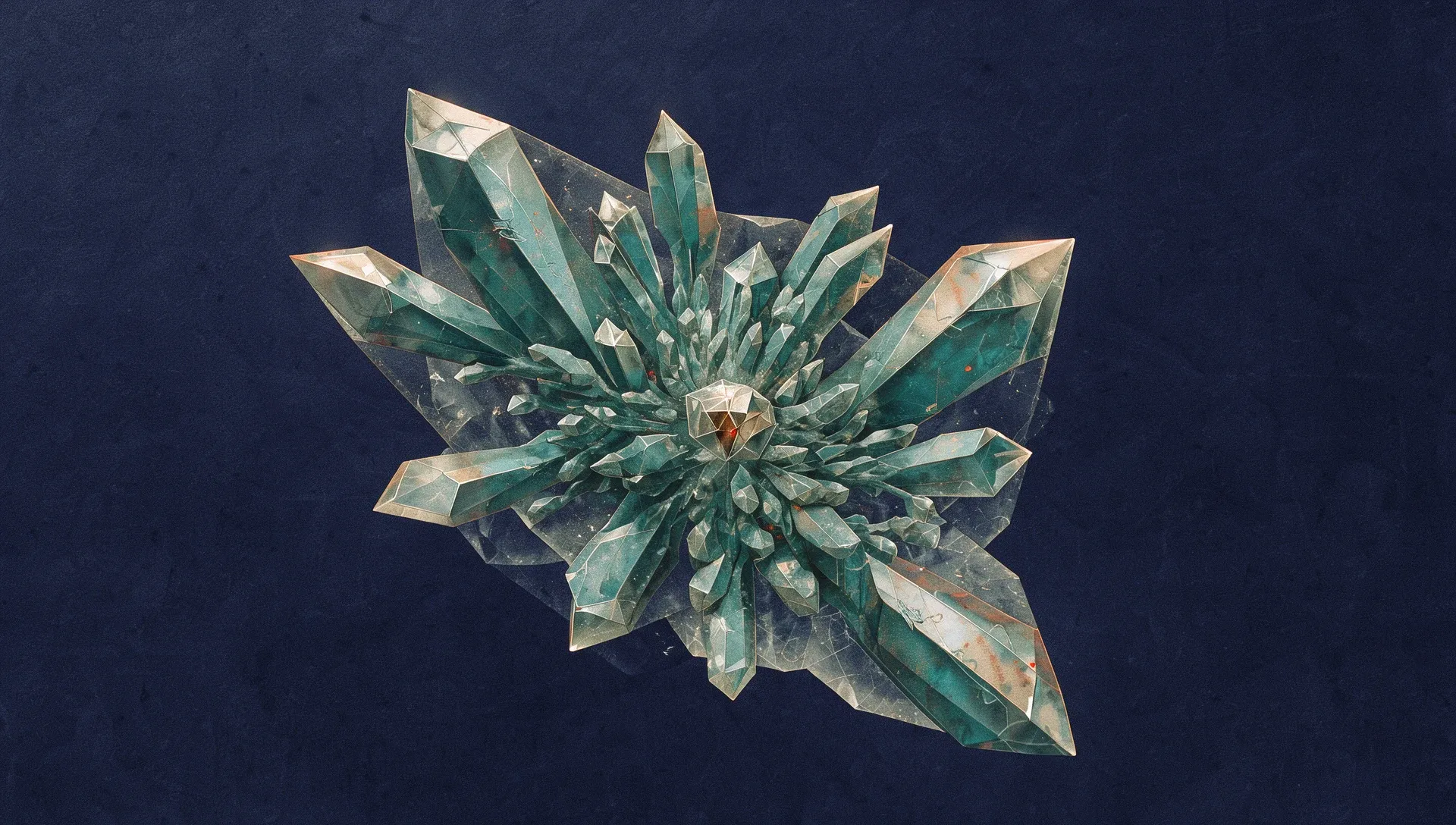 Abstract digital fresco: teal crystals radiating outward from a small faceted seed with a copper core, backed by a translucent mineral shell, on deep navy