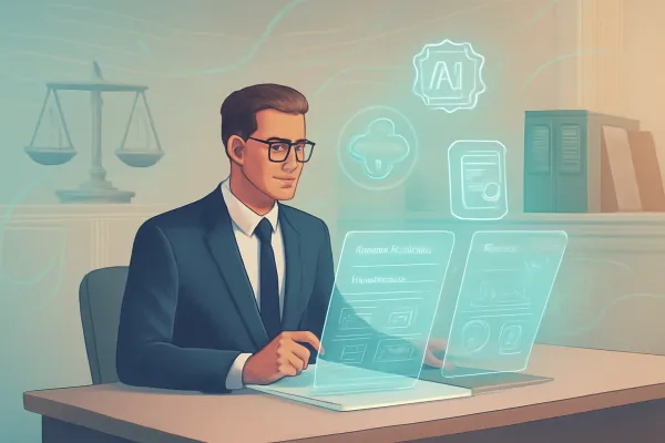 Futuristic law office showing a lawyer using AI-driven holographic legal tools and analytics.
