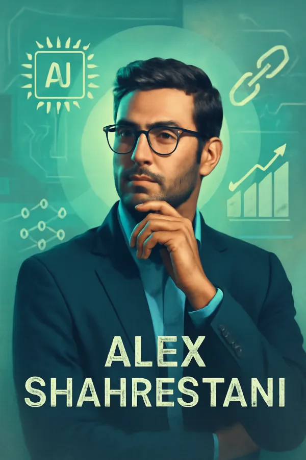 Digital portrait of Alex Shahrestani with floating tech icons symbolizing innovation and strategy.