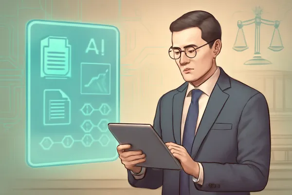 Hybrid law office showing AI legal tools beside a focused lawyer using digital tablet