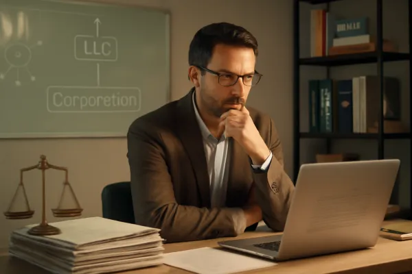 Middle-aged entrepreneur reviewing startup legal documents with business charts in office