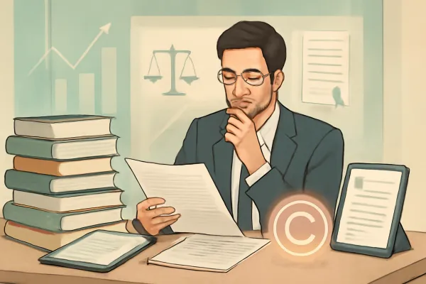 Lawyer reviewing book publishing contracts with digital and legal symbols around.