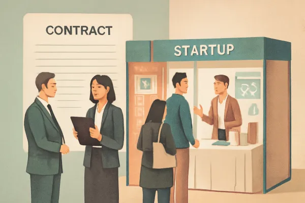 Startup trade show booth with legal contract and lawyer consultation in muted vintage style