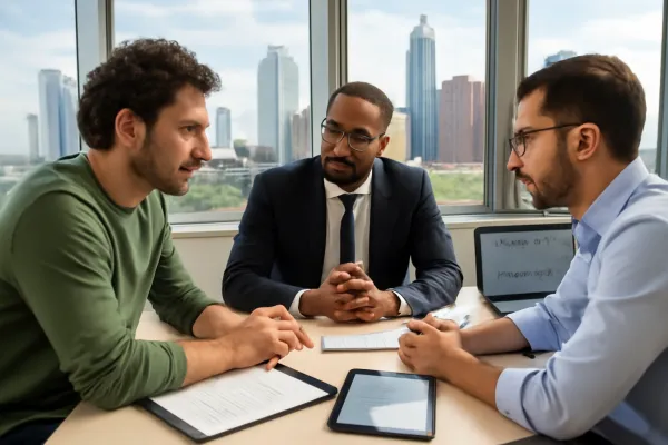 Austin business dispute mediation scene with lawyer, startup founders, and documents