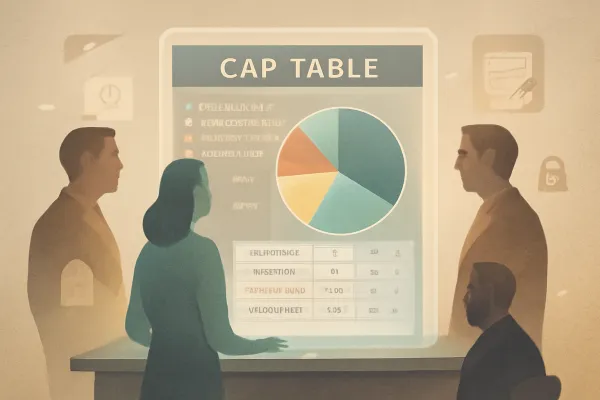 Digital workspace showing cap table, stakeholders, and legal icons in muted earth tones.
