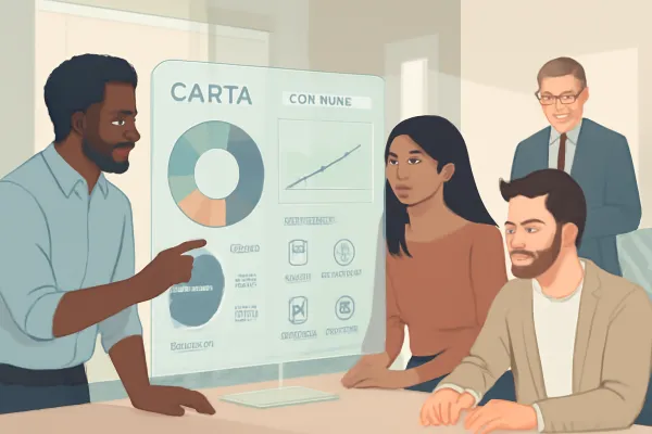 Startup team using Carta platform with legal counsel reviewing equity data on holographic screen