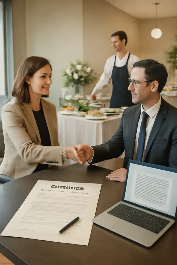 Startup business signing a catering services contract with buffet catering setup in the background