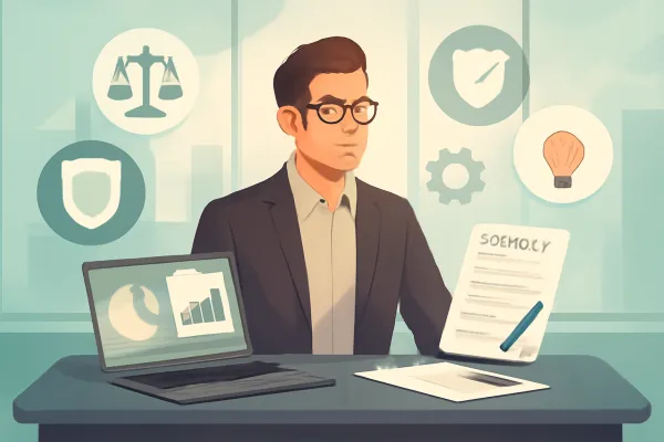 Entrepreneur at desk with floating legal and business icons in a modern consulting startup office