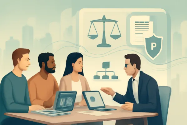 Startup founders and consultant collaborating with strategic and legal support visuals in modern office.