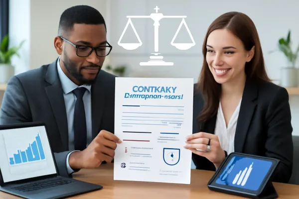 Two business professionals reviewing a detailed contract amid legal and financial icons in an office.