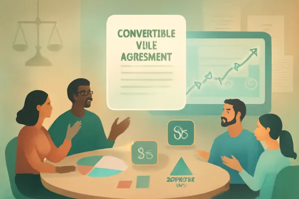 Illustration of startup founders and investors discussing convertible debt agreement with growth charts.