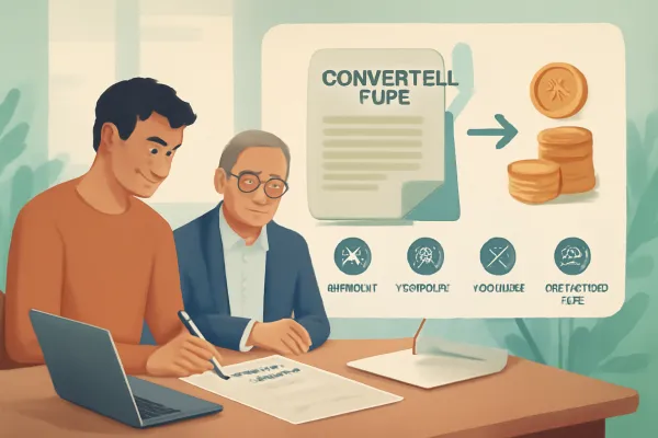 Startup founder and investor signing convertible note agreement with financial overlays and legal elements