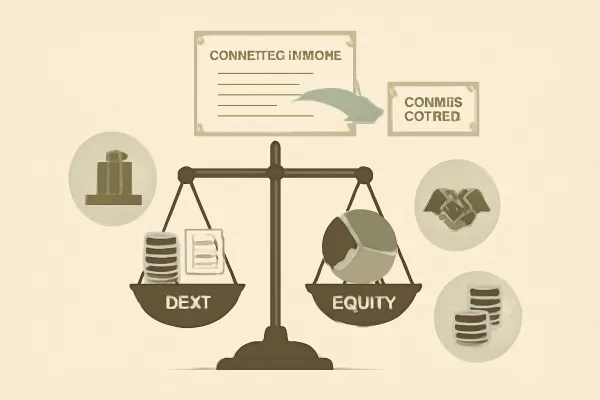 Minimalist illustration showing convertible shares balancing debt and equity benefits for startups.